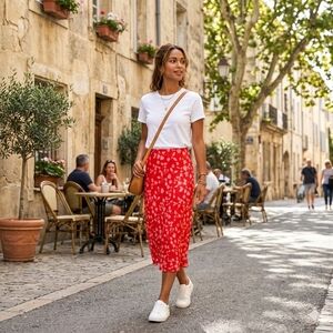 MNG Mango Red & Pink Floral Satin Midi Skirt - Size Medium